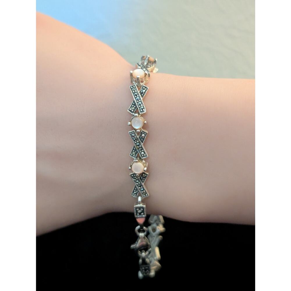 VTG 925 Sterling Silver Pink Moonstone Marcasite X & O Chain Link Bracelet